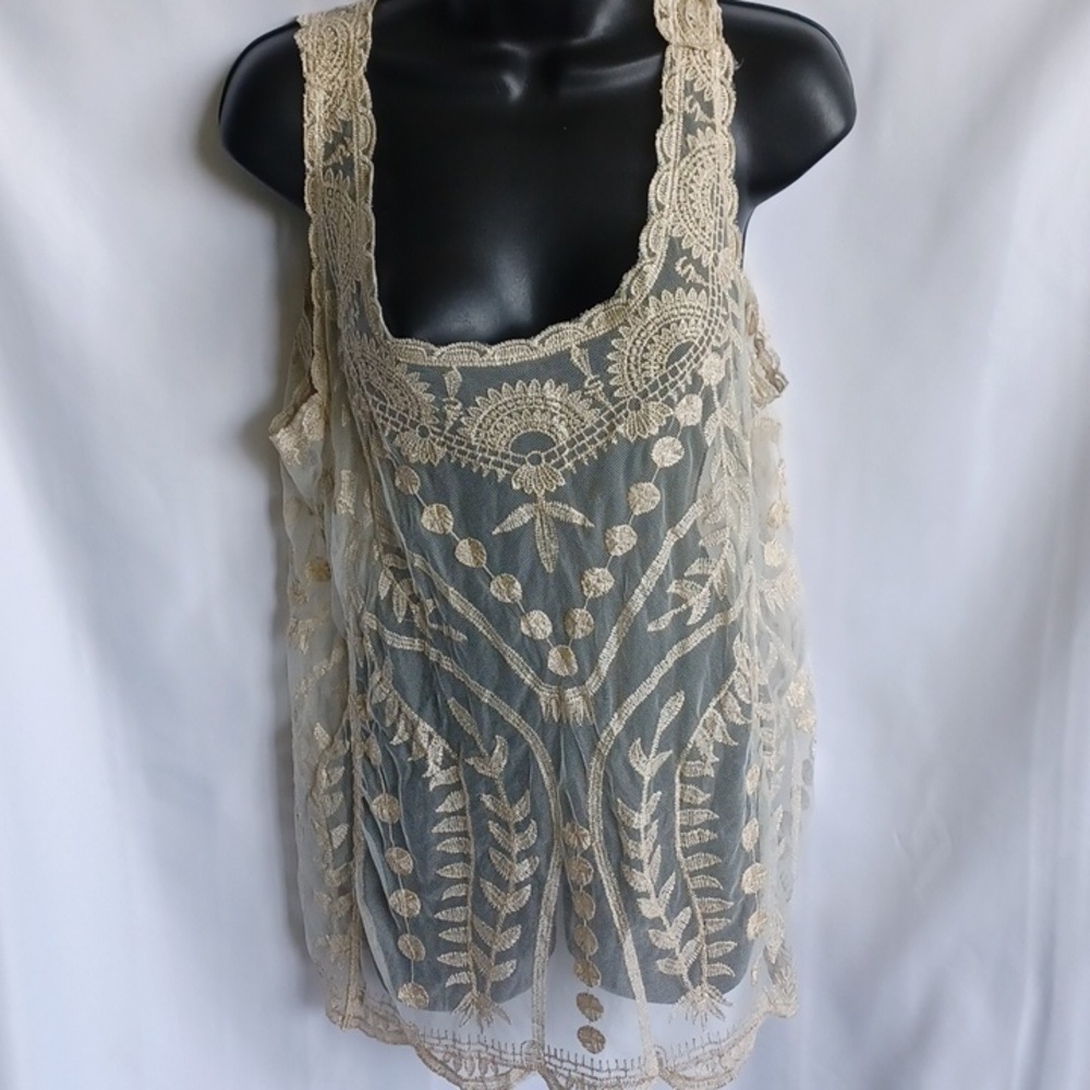 It's Pink Cream/gold Sleeveless Embroidered Tank, Sheer, Feminine. Boho ,Y2K